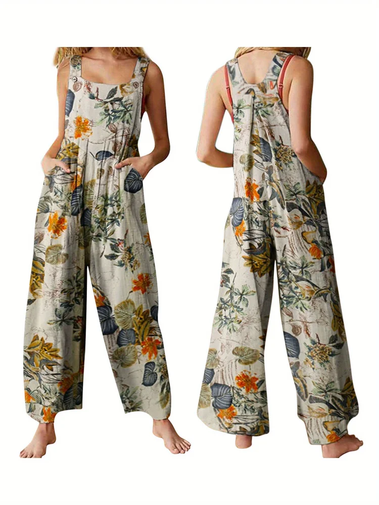 Women Plus Sizes Jumpsuit Leaf Floral Print Square Neck Sleeveless Casual Overalls With Pockets For Girl