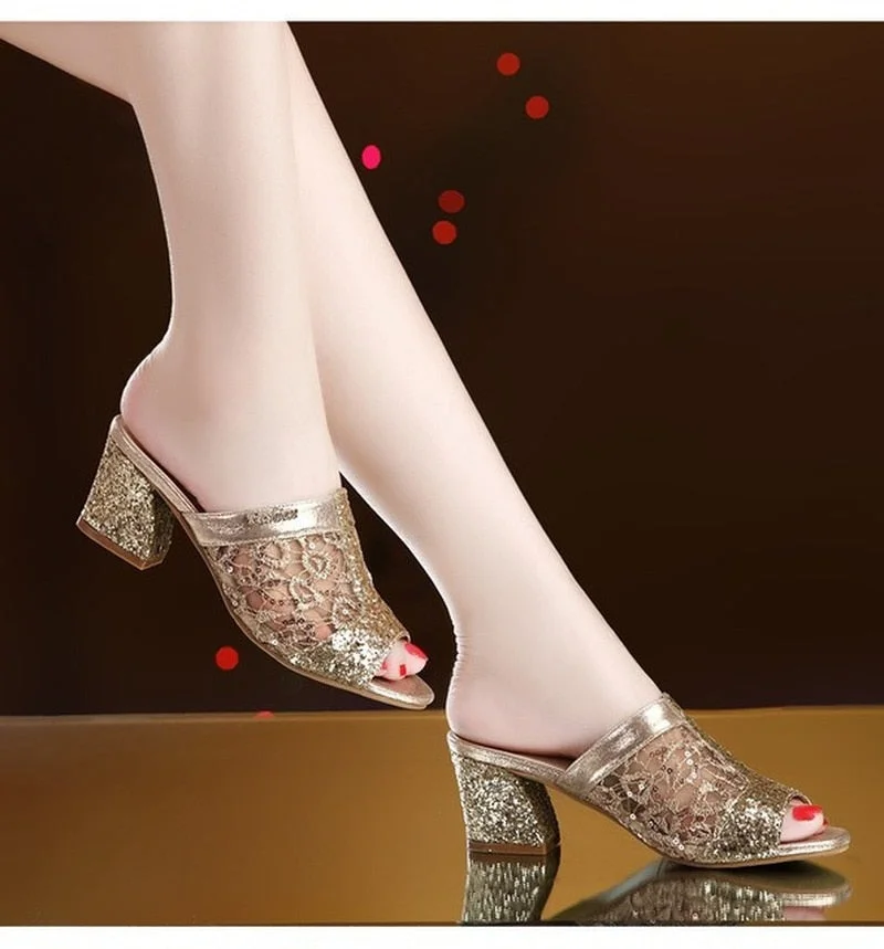 Woman Summer Sandals Gold Open Toe Sandal Lace Dress Shoes Womens High Heels Sandals Square Heeled Pumps Ladies Shoes