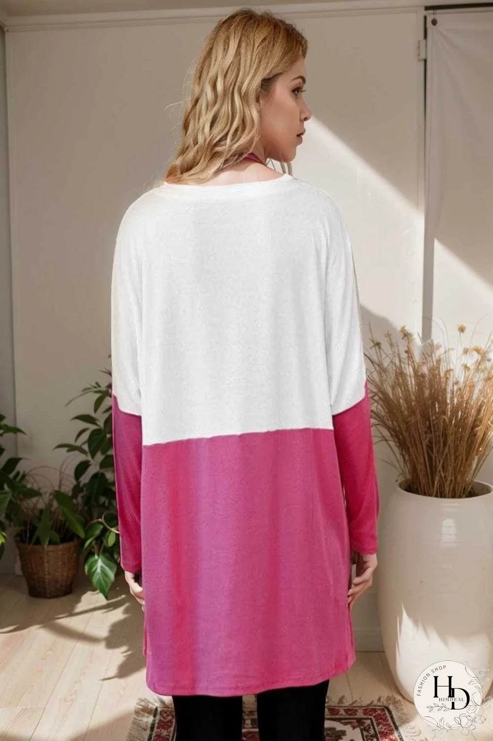 two color stitching pocket loose long sleeve t shirt