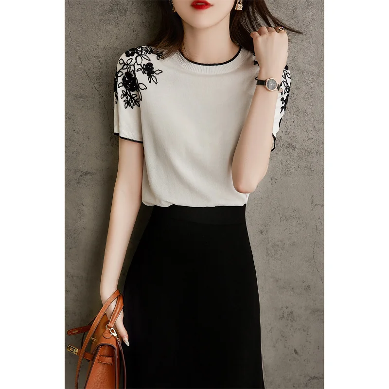 Ueong Shoulder Embroidery Hook Flower Round Neck Pullover Sweater Summer New Loose Ice Silk Short-Sleeved T-Shirt Girl