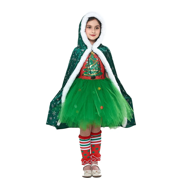 Kids Children Christmas Tree Dreen Tutu Dress Cloak Outfits Cosplay Costume Halloween Carnival Suit