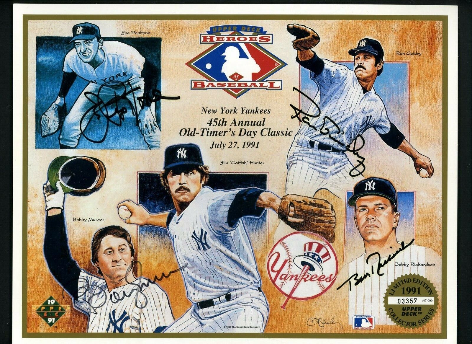 Murcer Guidry Pepitone Richardson SIGNED Upper Deck 1991 Old Timer's Day Photo Poster painting