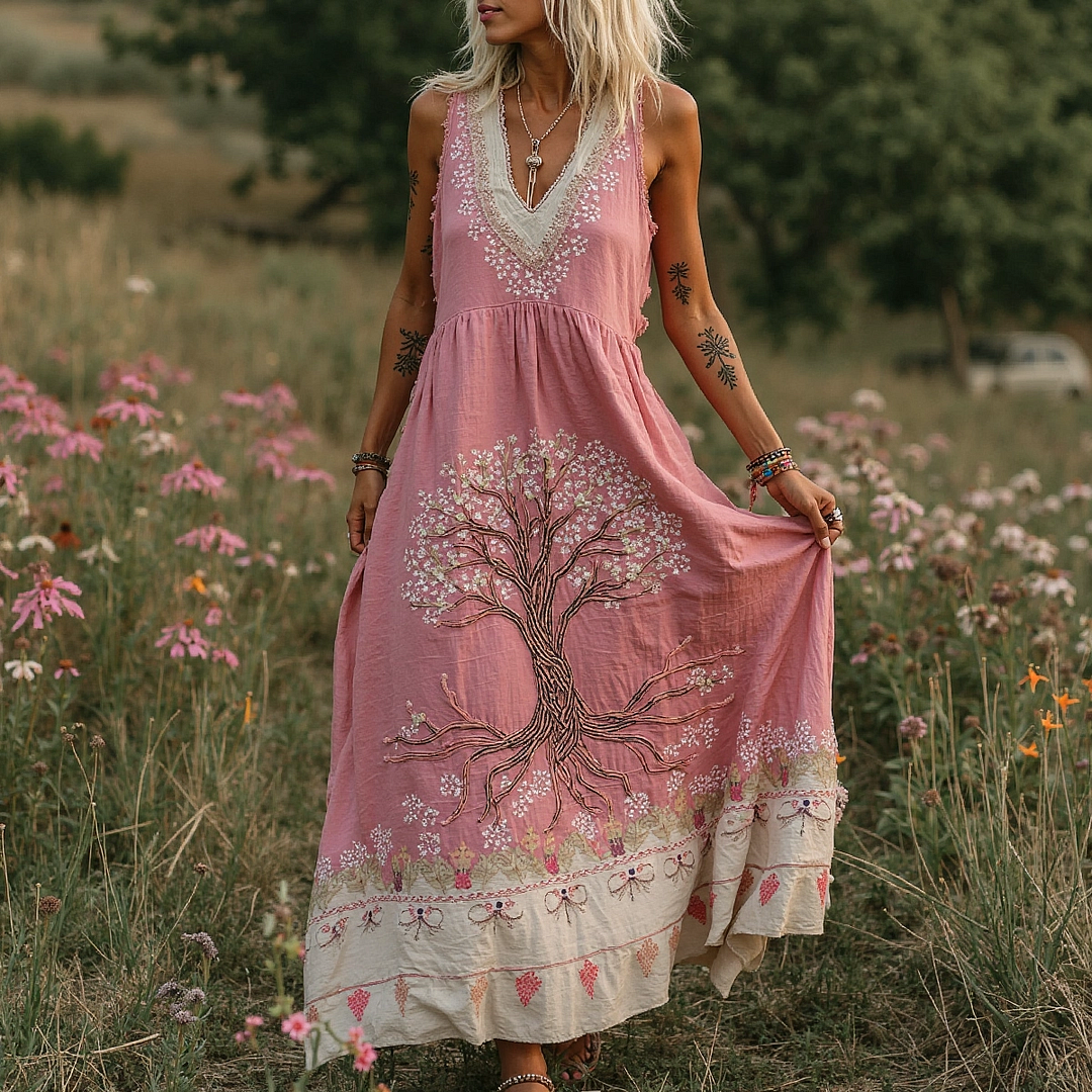 Women's Tree Of Life Pink Ribbon Embroidery V Neck Tank Midi Dress