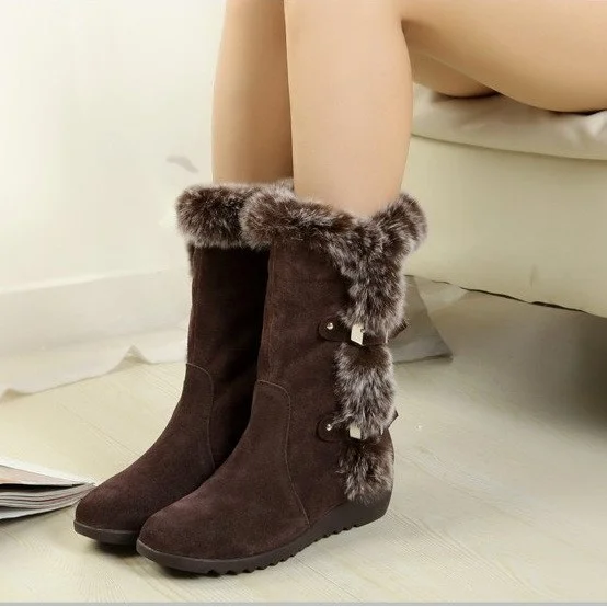 Yyvonne And Winter New Fur Snow Boots With Round Head Belt Buckle Warm Thick Mid-Slope And Cotton Boots Woman