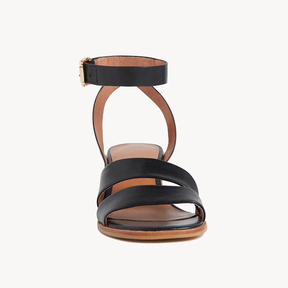 Black Open Round Toe Buckled Ankle Strap Block Heel Sandals