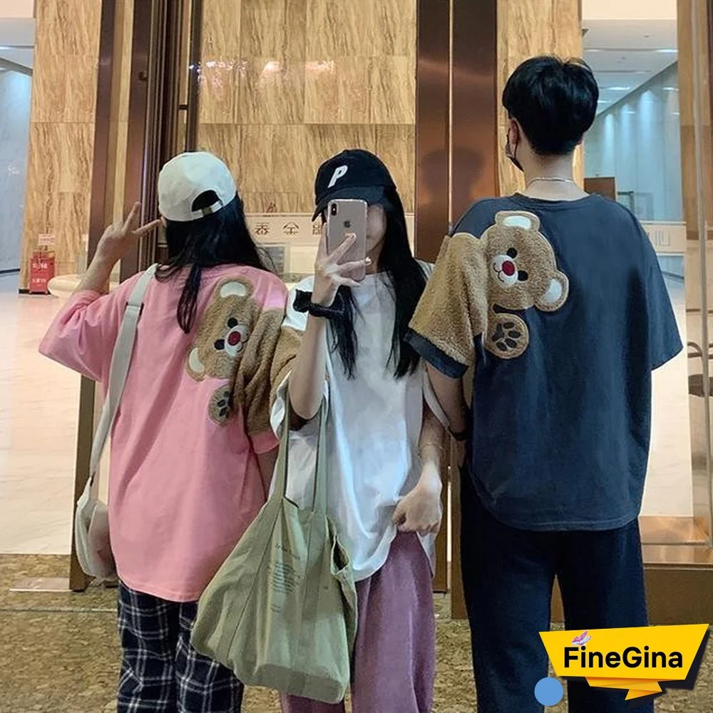 Summer Women T Shirts 100% Pure Cotton T-Shirt Short Sleeve Embroidery Bear Cute Kawaii Tee O-Neck Loose Couple Clothes Top