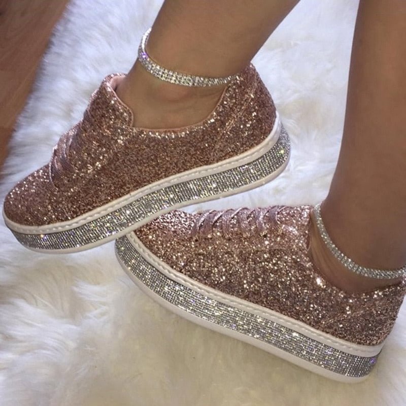 Women's Glitter Sneakers Lace Up Casual Rhinestones Bling Shoes