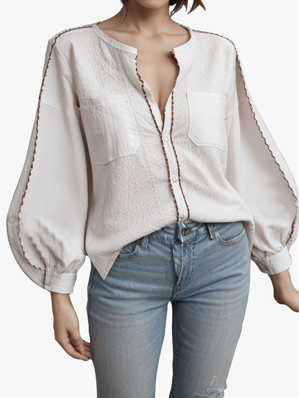 Lantern Long Sleeve Round Neck Colorblock Shirts