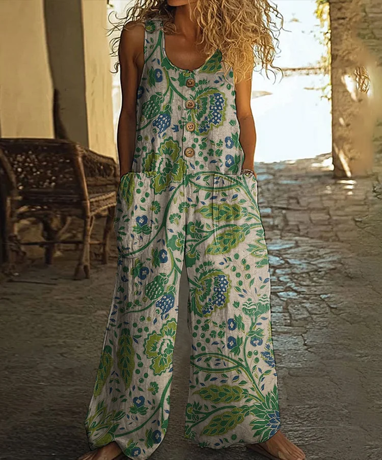 Vintage Floral Print Casual Wide-leg Jumpsuit
