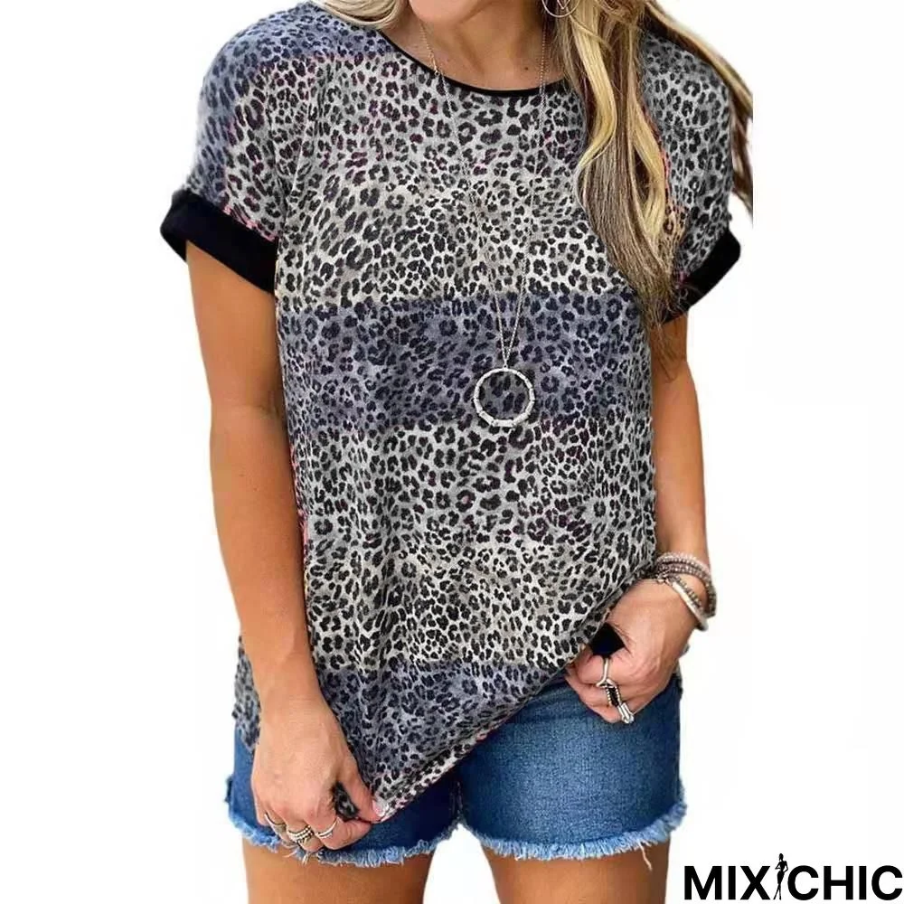 New Women's Leopard Print Round Neck Short Sleeve T-Shirt