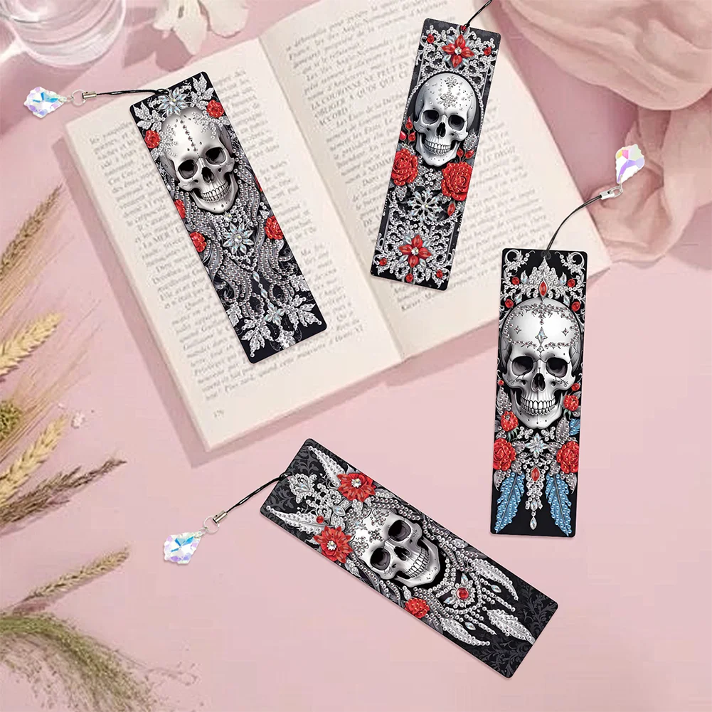 8Pcs DIY Skull Diamond Painting Art Bookmarks with Crystal Pendants for Gift