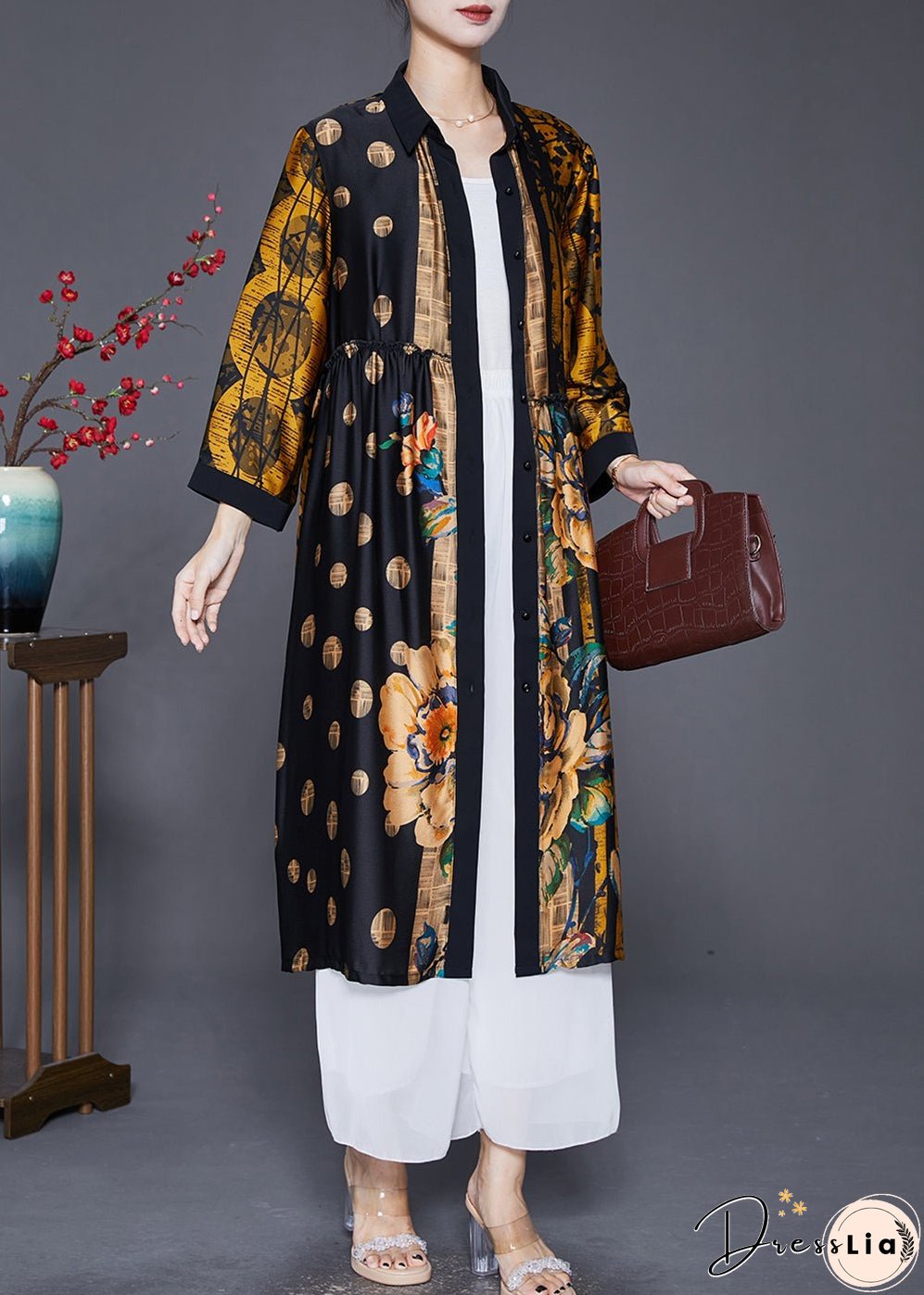 Handmade Yellow Oversized Print Wrinkled Silk Coats Fall