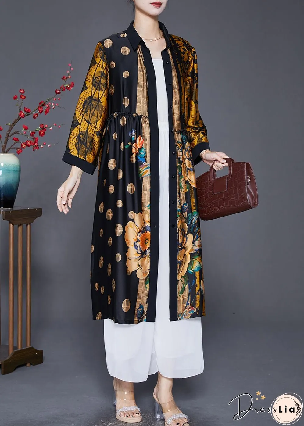 Handmade Yellow Oversized Print Wrinkled Silk Coats Fall