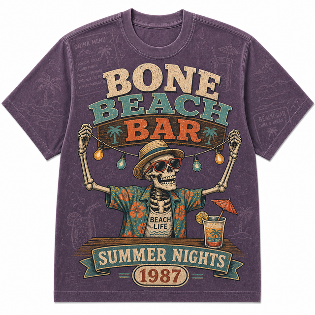 Surf Bone Beach Bar Cotton T-Shirt - Purple / Green / Orange