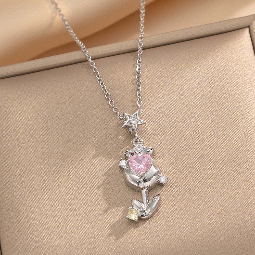 Tulip Zircon Love Rose Gold Gorgeous Full Diamond Necklace Female Versatile Clavicle Chain Titanium Steel Chain