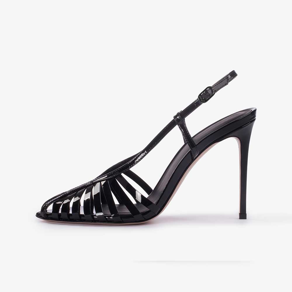 Black Patent Leather Pointed Toe Stiletto Heel Buckled SlingbackPumps Nicepairs