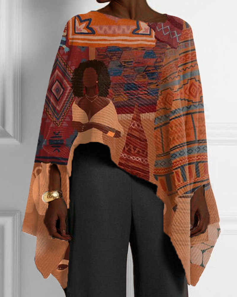 Black Ethnic Style Girls Casual Print Irregular Hem Women's Top
