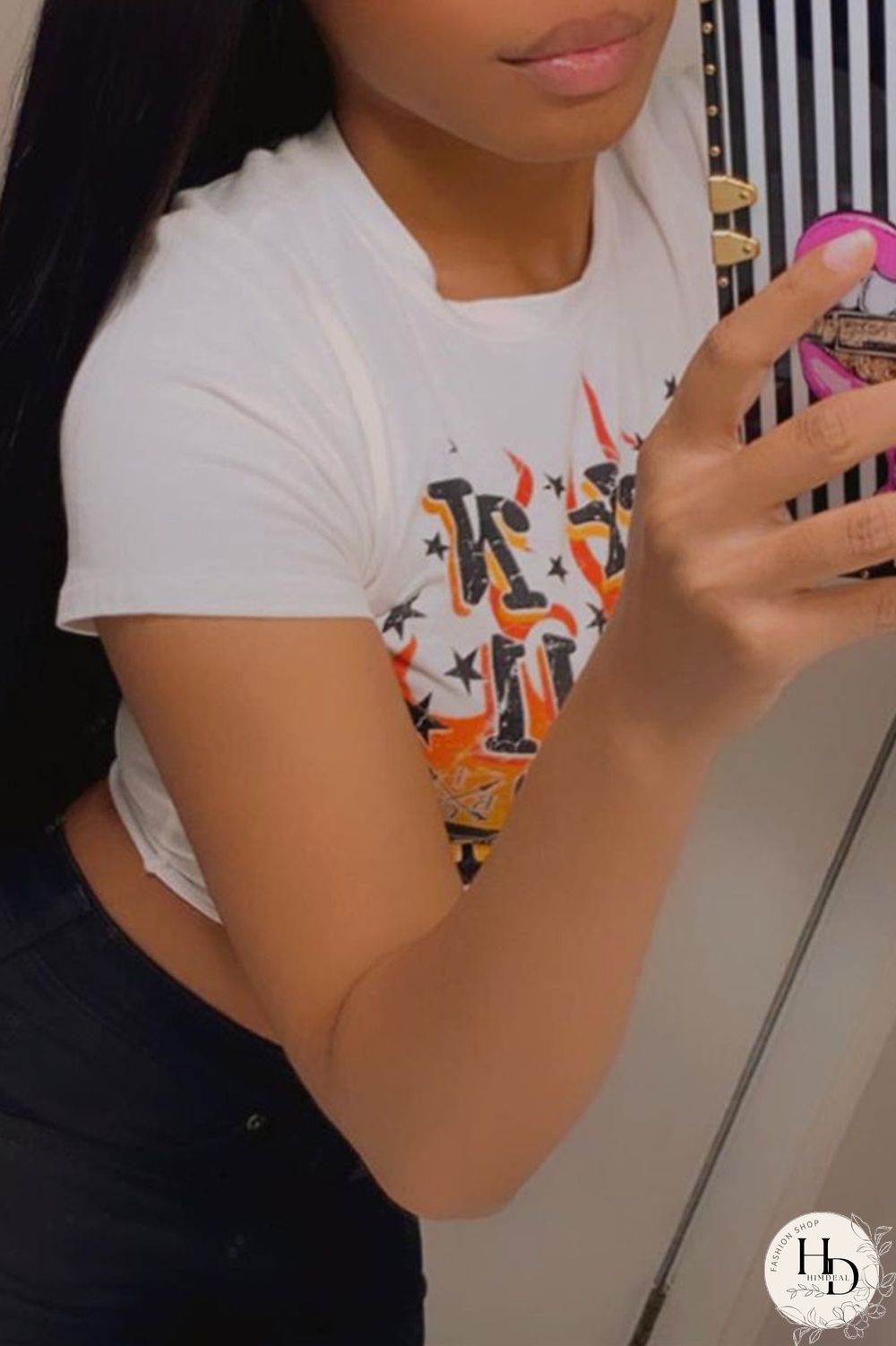 White Fashion Casual Print Ripped O Neck Tops