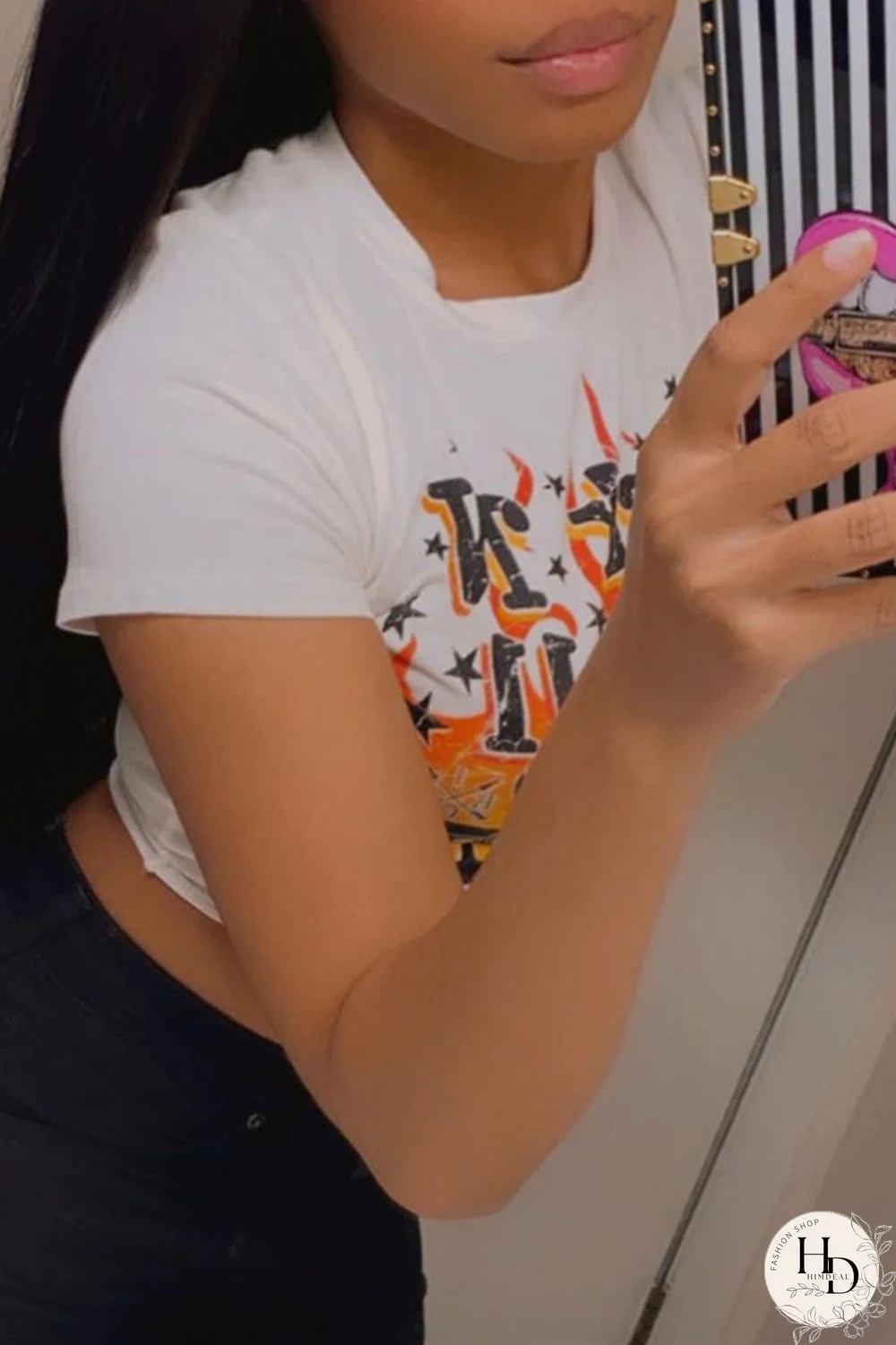 White Fashion Casual Print Ripped O Neck Tops