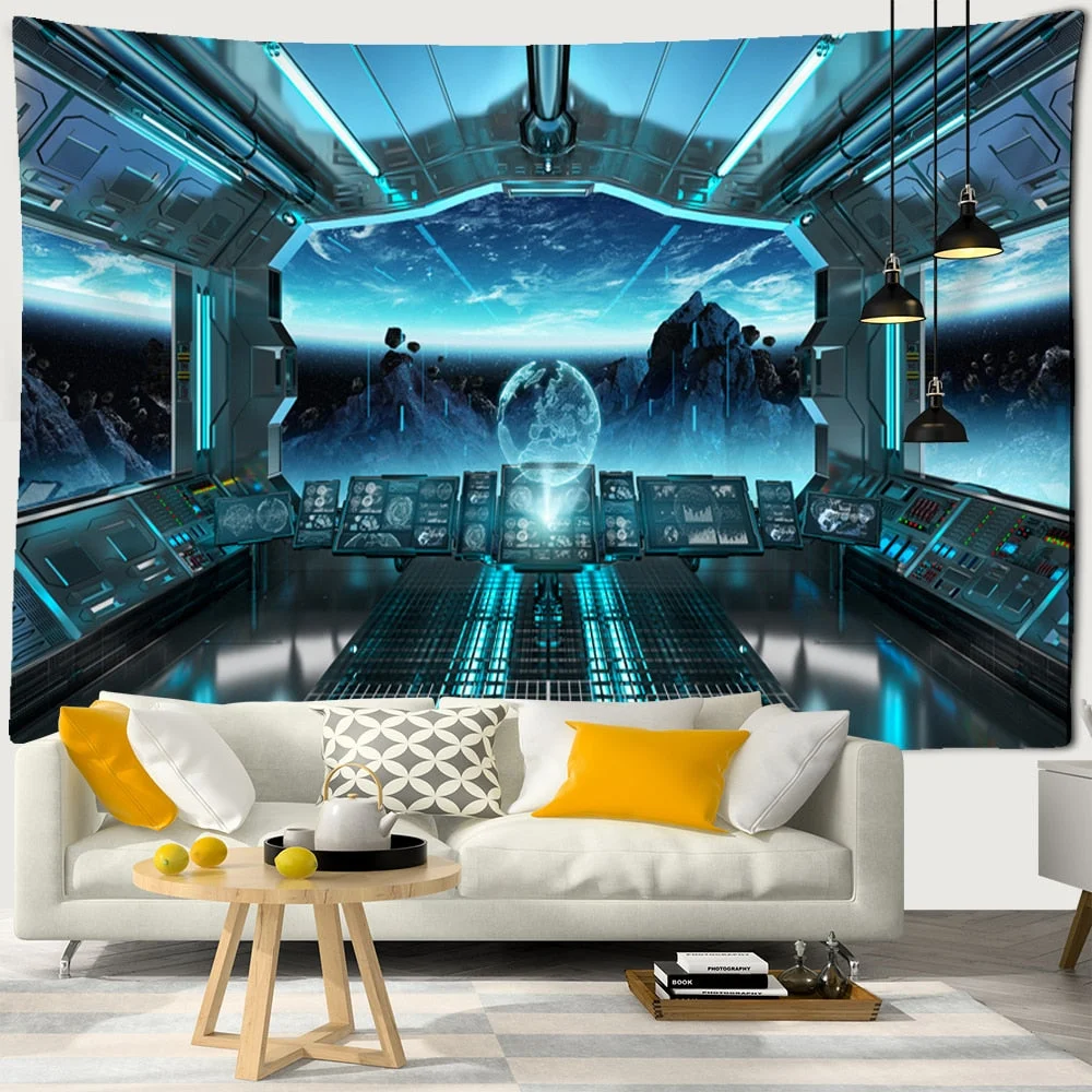 Universe Space Alien Planet Spacecraft UFO Wall Hanging Tapestry Fabric Wall Background Mural Yoga Beach Mat Tapiz Home Decor