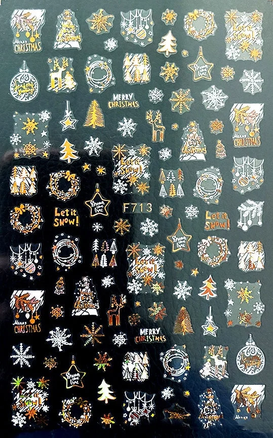 Christmas SnowflakeGold 3D Nail Stickers Sparkly iridescent Silver Xmas Tree Elk Deer Transfer Sliders Winter Nails Accessories-Nail Inspo