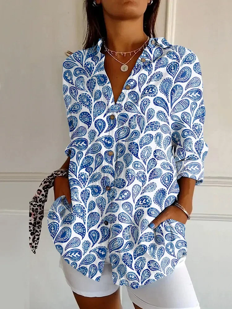 Vintage Blue Paisley Print Casual Long Sleeve Shirt