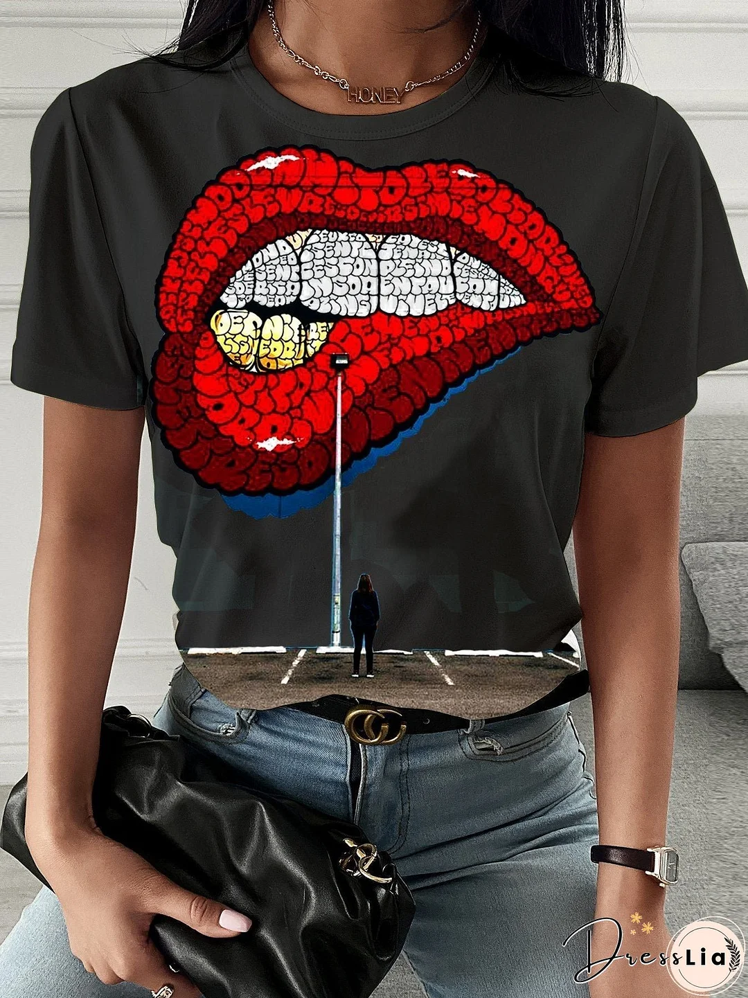 Lip Print Casual Short-sleeved T-shirt for Women