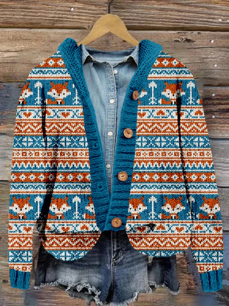 Comstylish Fair Isle Knitting Fox Pattern Cozy Hooded Cardigan