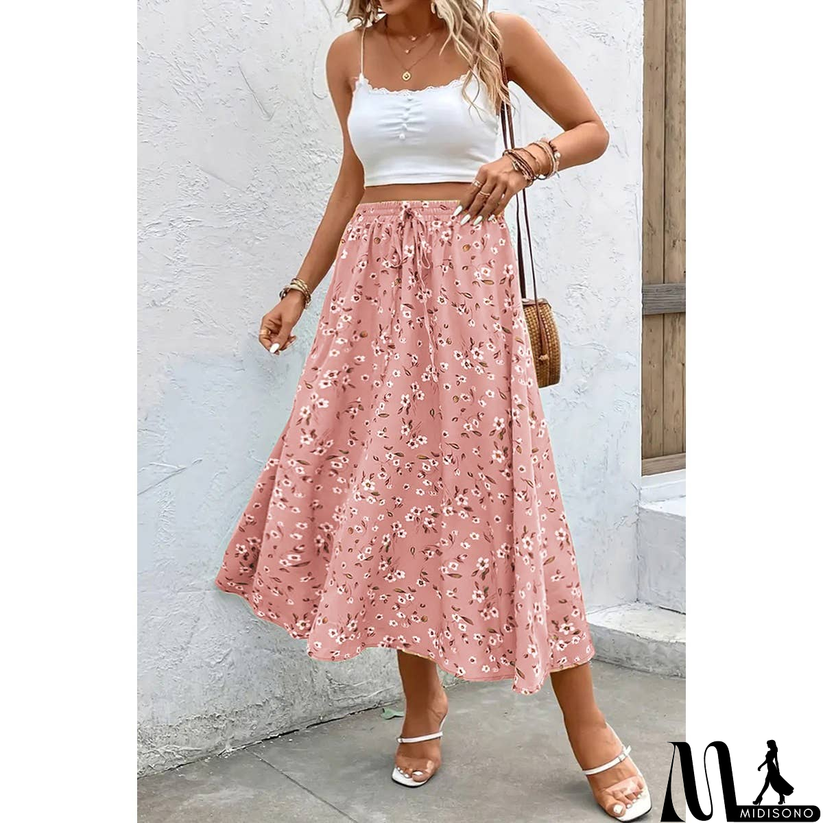 MidiSono - Plus Floral Print Drawstring Waist Fit Skirt