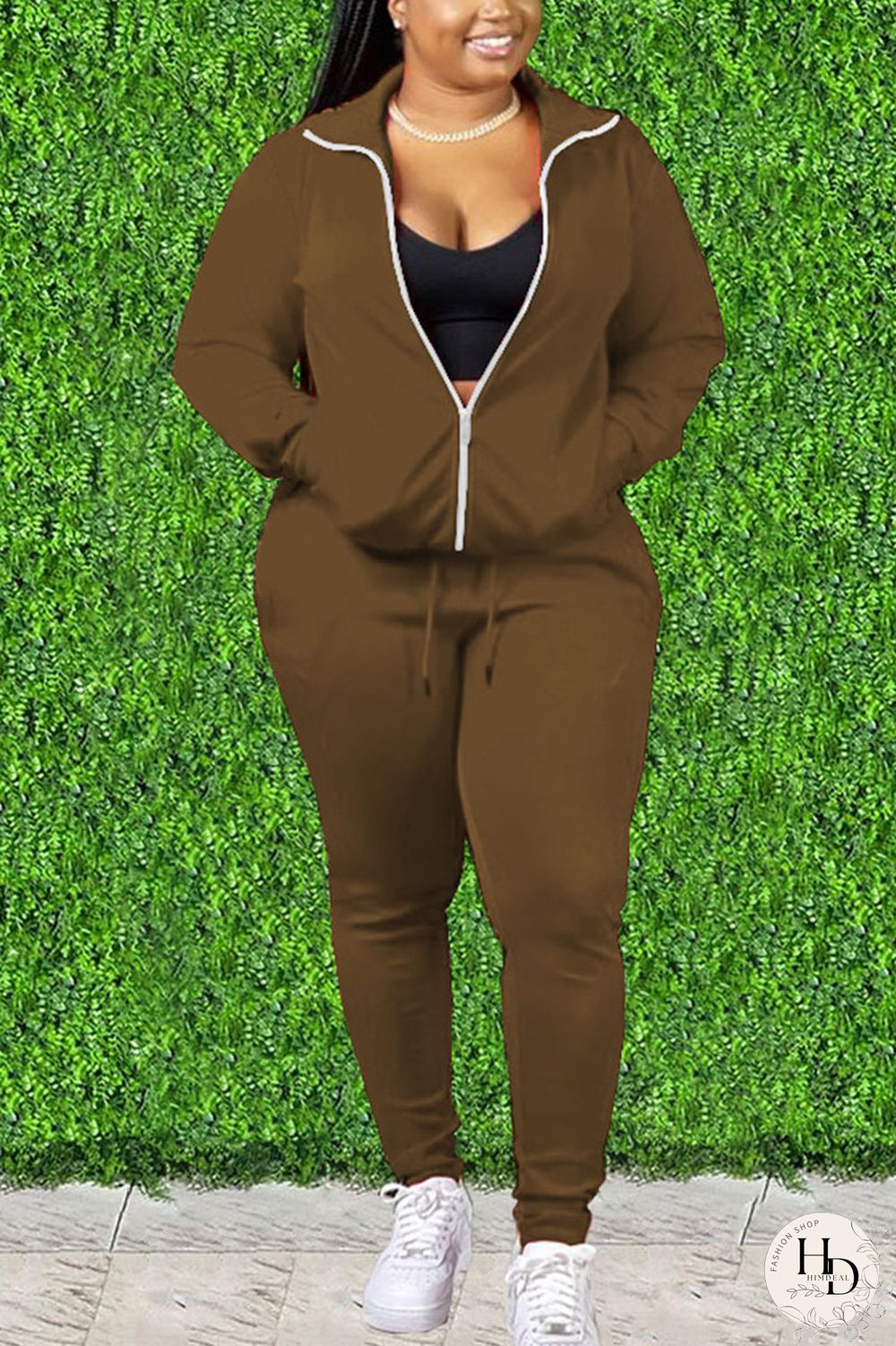 Black Fashion Solid Split Joint Zipper Collar Plus Size