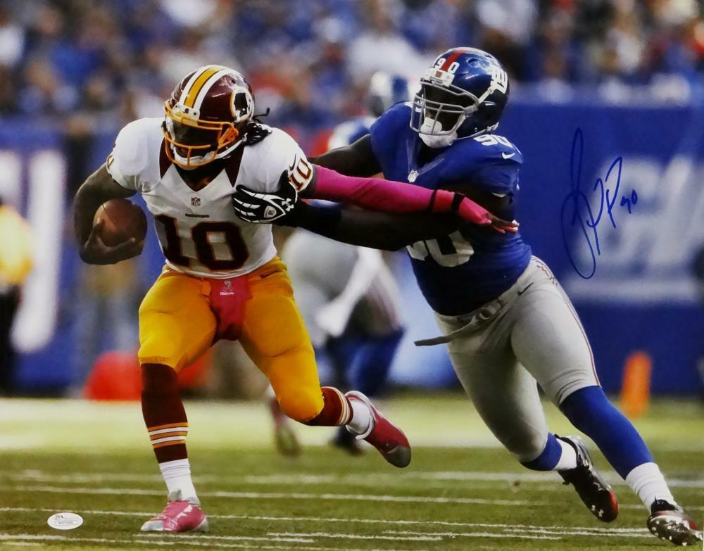 Jason Pierre Paul Autographed 16x20 Going After RG3 Photo Poster painting- JSA W Auth *Blue