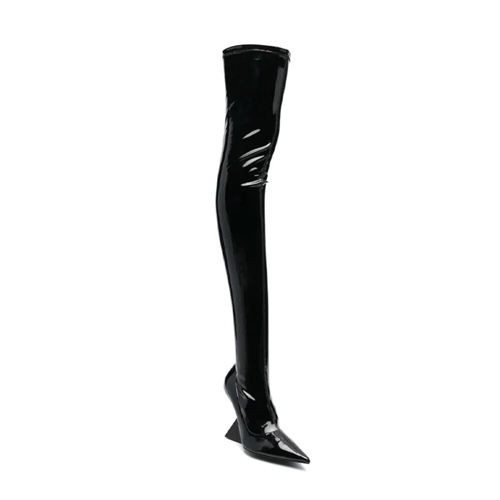 Women's Pointed Toe Special-shaped High-Heeled Boots Elastic Patent Leather Over-the-knee Thigh Boots 43