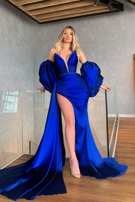 Amazing Royal Blue Removable Sleeves Mermaid Prom Dress With Slit - lulusllly