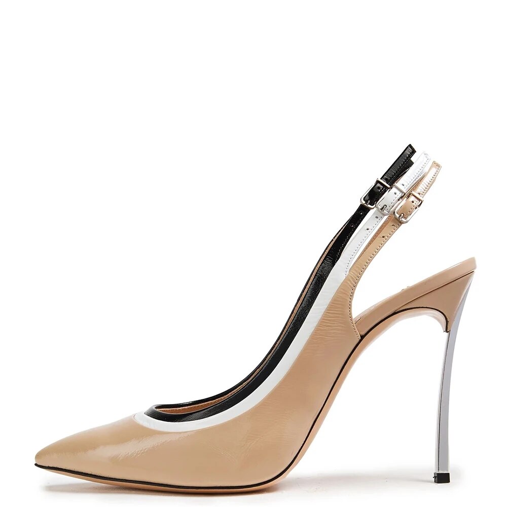 TAAFO Nude Stiletto High Heels Women Pumps Pointed Toe Three Buckle Strap Ladies Slingback Shoes