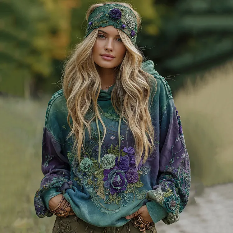 Women's Vintage Purple Lavender Patchwork And Floral Embroidered Art Gradient Comfort Hoodie