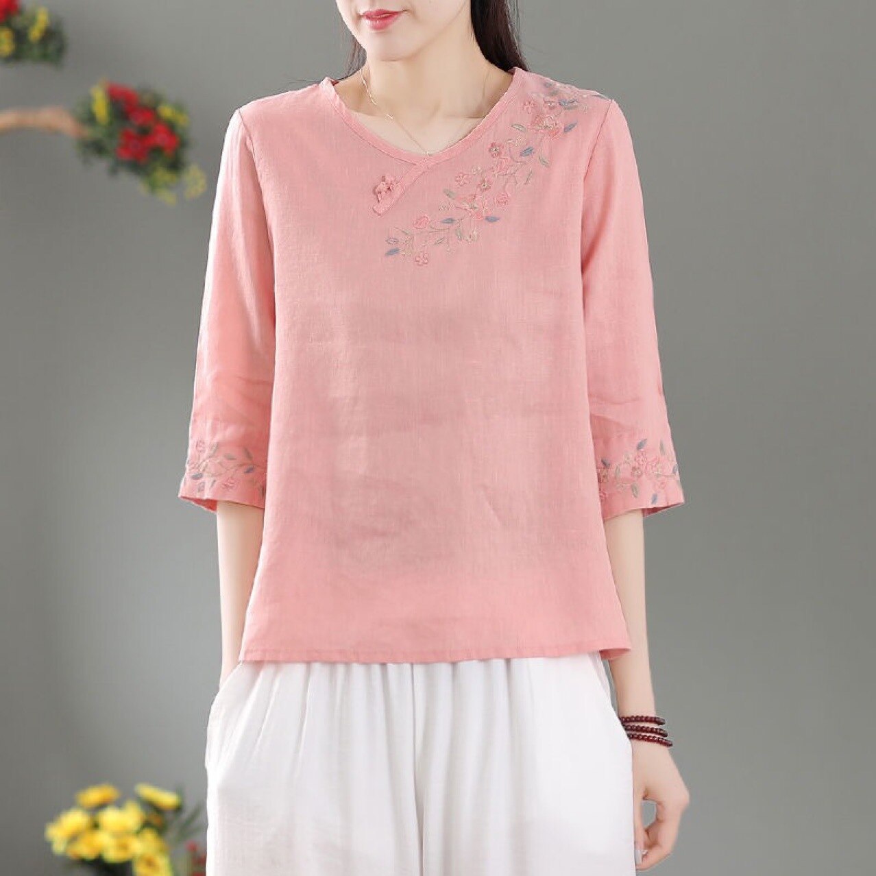 Vintage Embroidery Flowers Cotton Linen Summer T-shirts