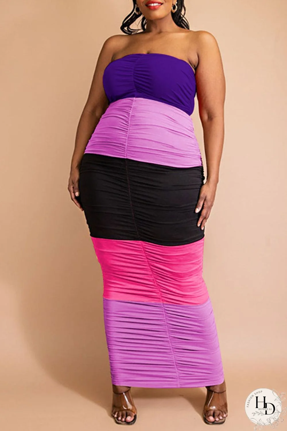 Purple Sexy Solid Patchwork Strapless One Step Skirt Plus Size Dresses