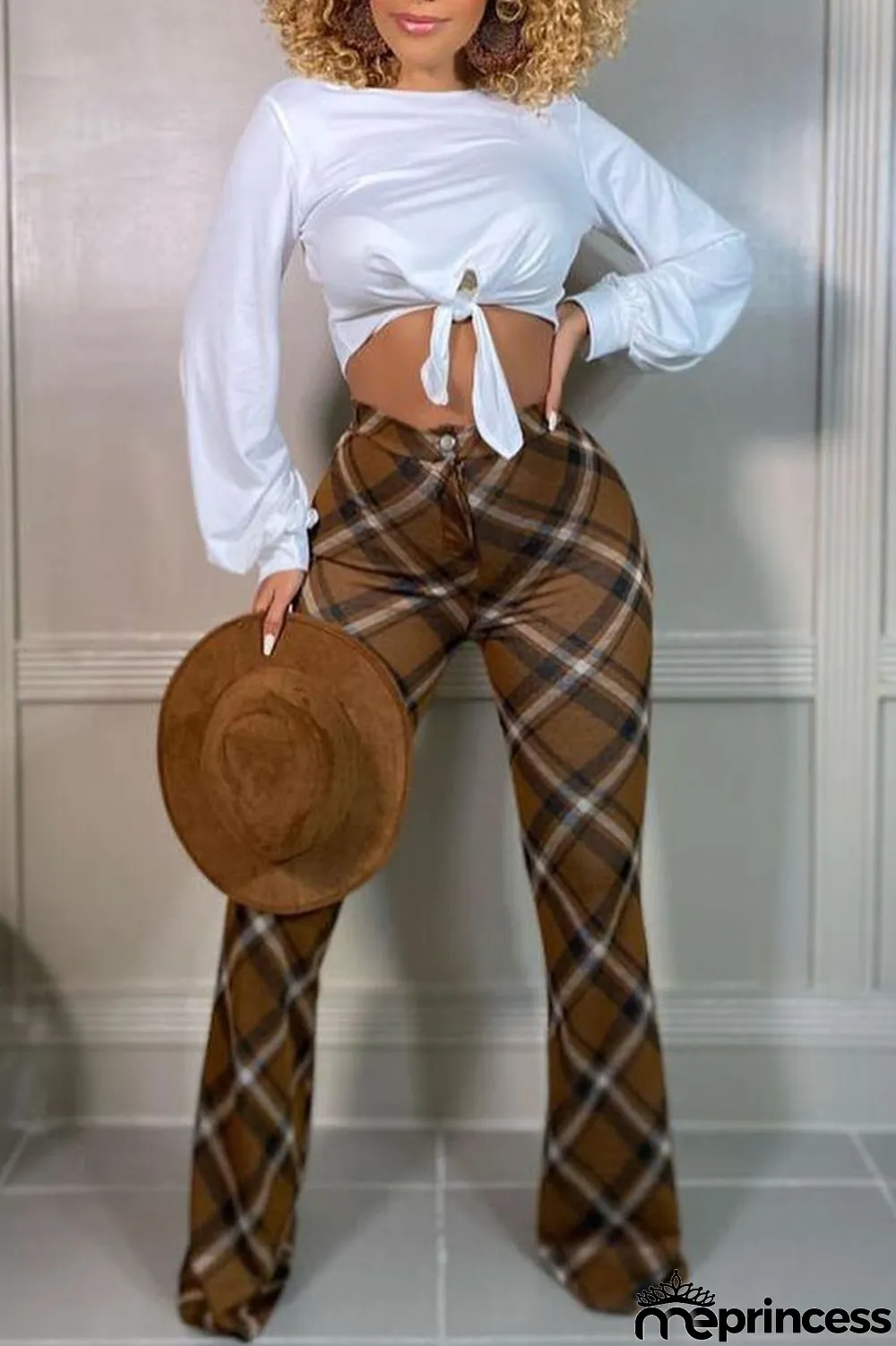 Yellow Casual Plaid Print Patchwork Straight High Waist Straight Full Print Bottoms