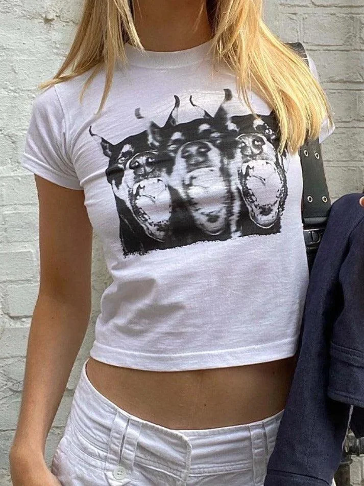 Brownm Vintage Print Short Sleeve Crop Top