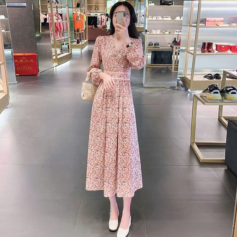 Toloer Toloer Temperament V Collar Floral Long Sleeve Dress 2024 Summer New Waist Show Thin Dress In The Long Skirt Female Ins-Outfit Ideas