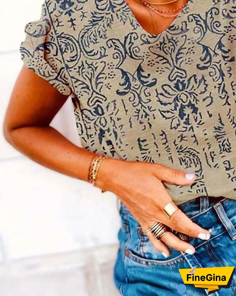 Paisley Short Sleeve Printed Cotton-blend Crew Neck Vintage Summer Beige T-Shirt