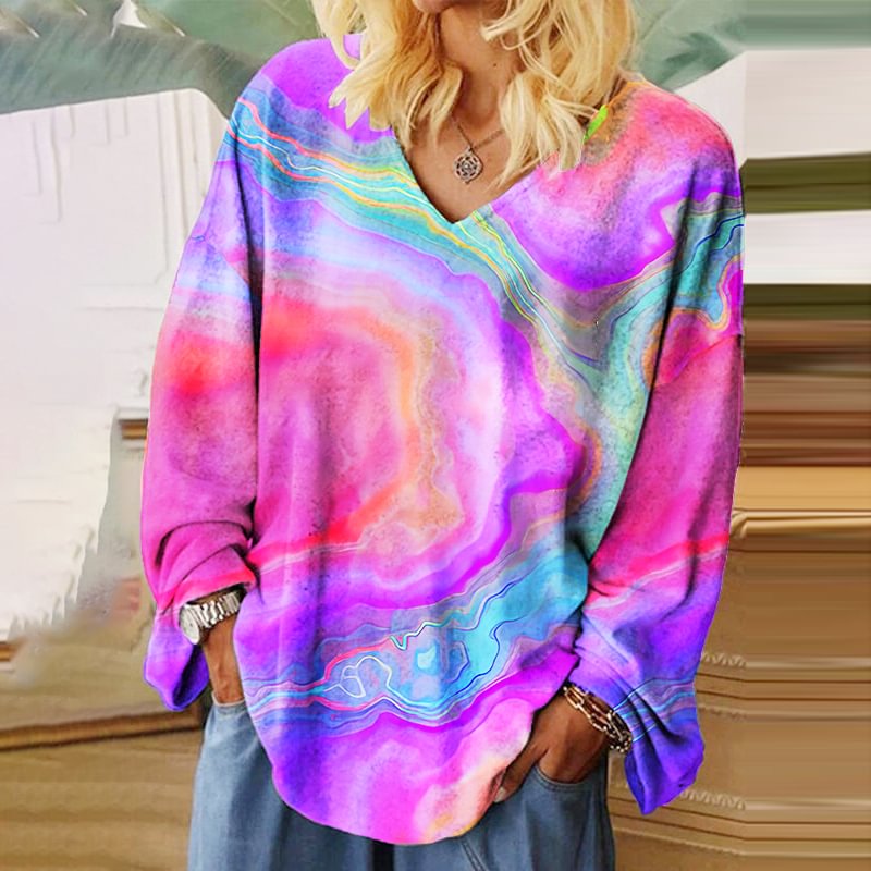 Color Block Printed Long Sleeve Women's T-shirt