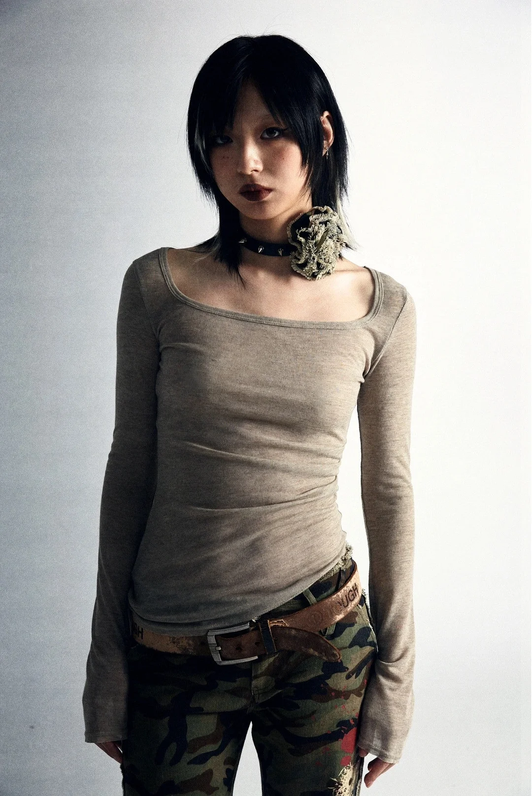 Brownm Grunge Back Print Top