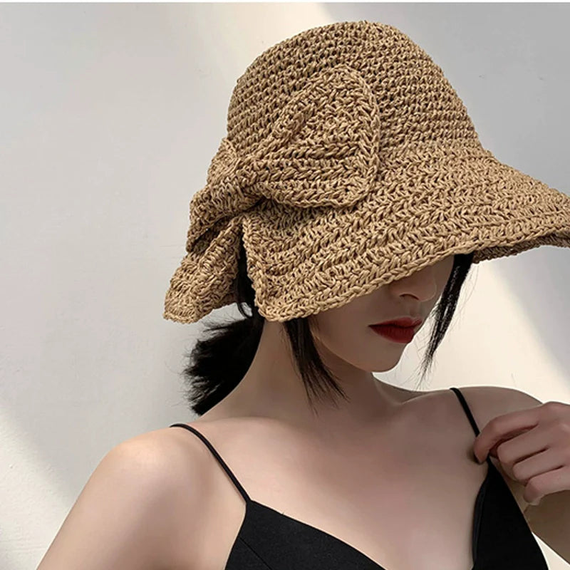 Llyge Japanese Style Women's Summer Foldable Bows Casual Straw Hat llyge