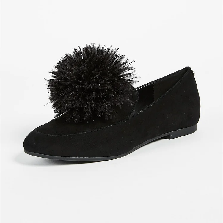 Black Square Toe Furry Ball Comfortable Loafers for Women |FSJ Shoes