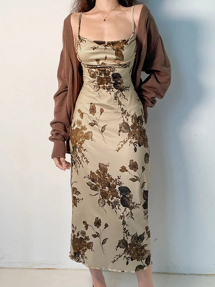 Beyprern Vintage Fairycore Grunge Floral Print Maxi Dress Female Y2K Backless Straps Fashion Elegant Outfits Party Dress Beach