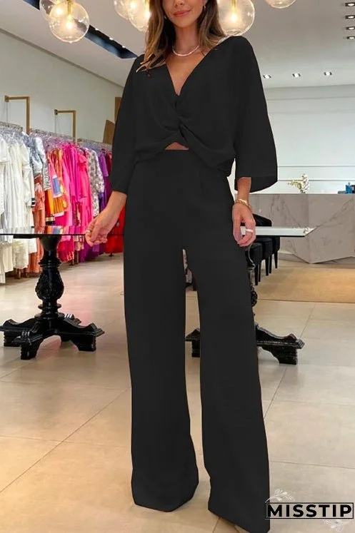 Meridress V Neck Twist Front Pullover Wide Leg Pants 2 Pieces Outfits
