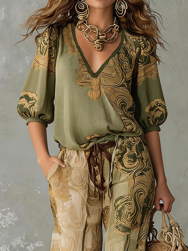 Vacation Ethnic Printing V Neck Puff Sleeve Blouse mysite idetrend