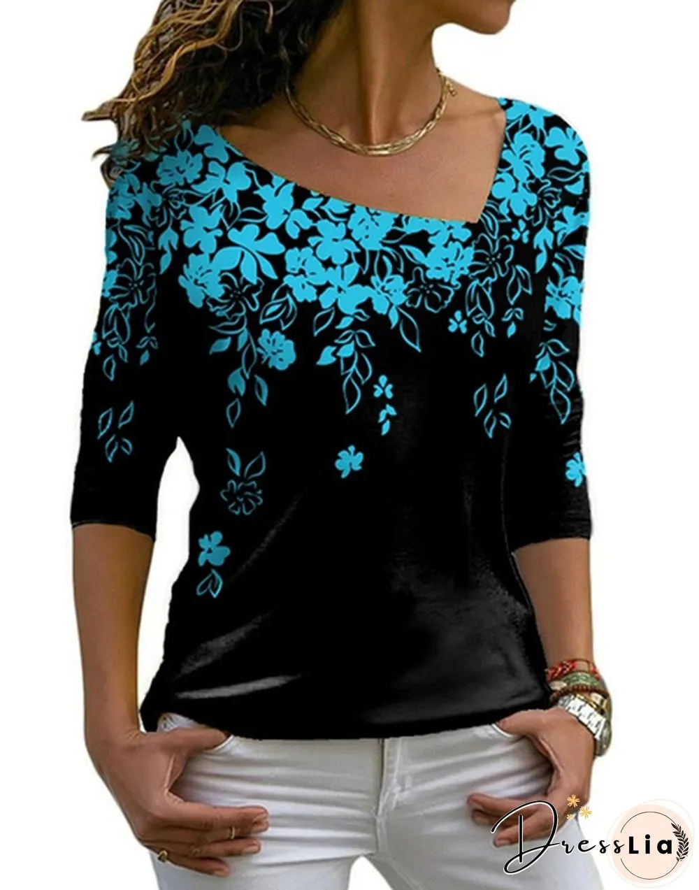 Spring and Early Autumn New Fashion Womens Floral Printed Long Sleeve Irregular V-neck