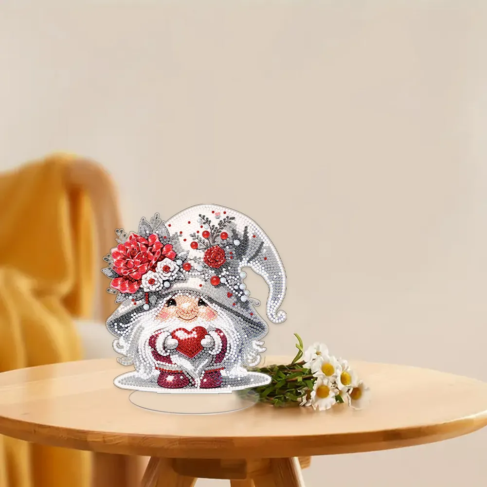 DIY Love Rose Gnome Single-Sided Acrylic Diamond Painting Tabletop Ornament for Home Office Desktop Decor